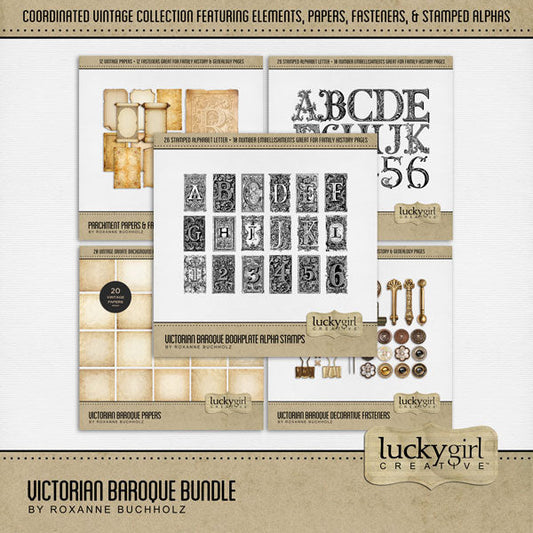 In a neutral vintage style, these beautiful and ornate metal fasteners, papers, and stamped alpha embellishments by Lucky Girl Creative digital art will add an elegant touch to all your family history, genealogy, and heritage projects. Great for weddings, too!