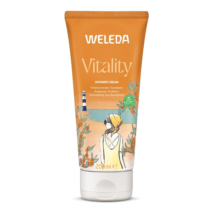 Weleda Vitality shower cream tube on a white background