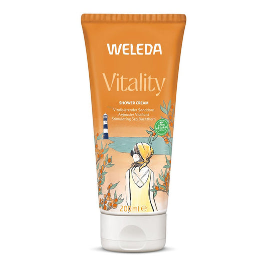 Weleda Vitality shower cream tube on a white background