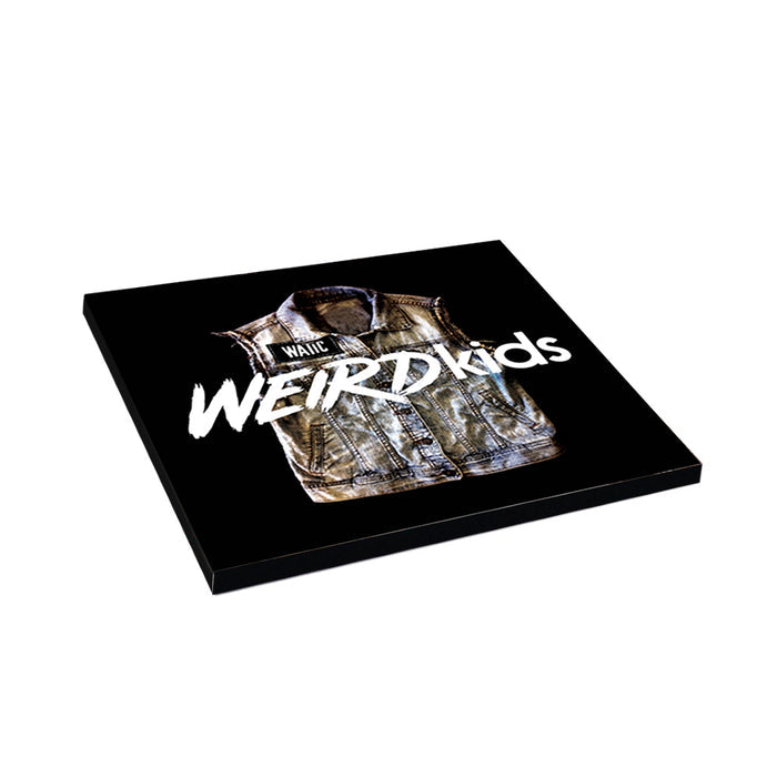 An album cover for We Are The In Crowd featuring a sleeveless denim jacket, the word WAIT above, and WEIRDKids in bold white letters on black, celebrating their iconic Weird Kids CD tracklisting style.