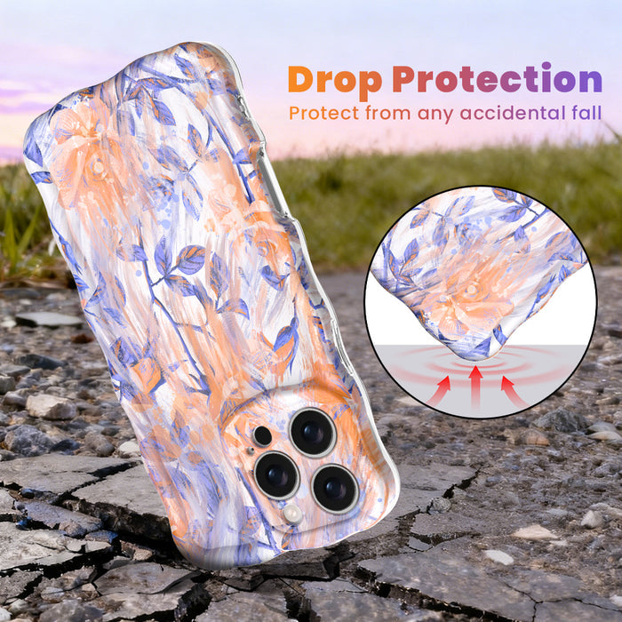 Trendy wavy iPhone case featuring an abstract watercolor pattern of orange and periwinkle flowers with a high-gloss finish.