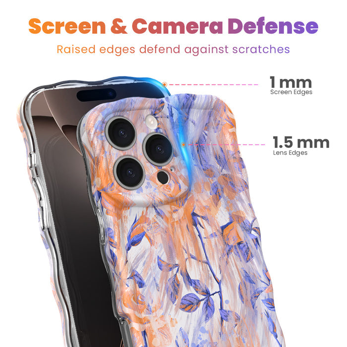 Trendy wavy iPhone case featuring an abstract watercolor pattern of orange and periwinkle flowers with a high-gloss finish.