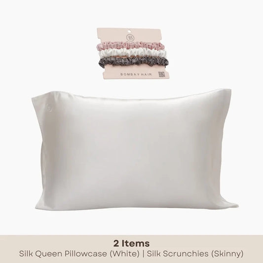 White Silk Pillowcase (Queen) + Scrunchies