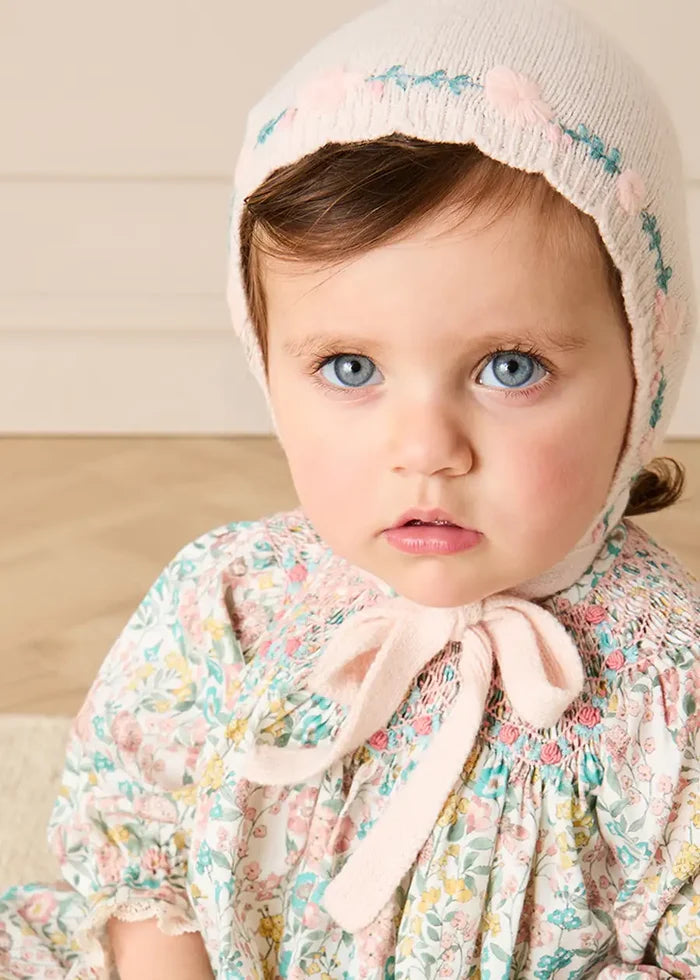Wildflower Embroidered Knitted Bonnet in Pale Pink (S-L) Knitted Accessories from Pepa London