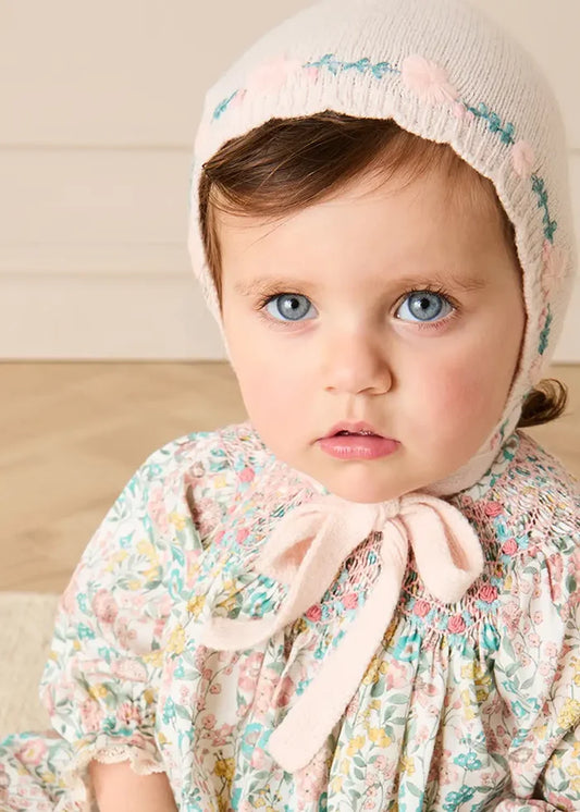 Wildflower Embroidered Knitted Bonnet in Pale Pink (S-L) Knitted Accessories from Pepa London
