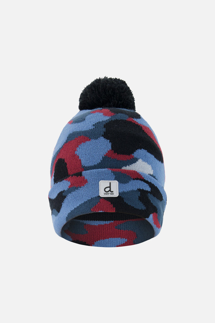 Winter Knit Hat With Pompom Blue And Red Camouflage-0