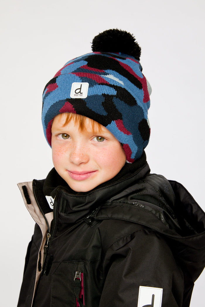 Winter Knit Hat With Pompom Blue And Red Camouflage-1