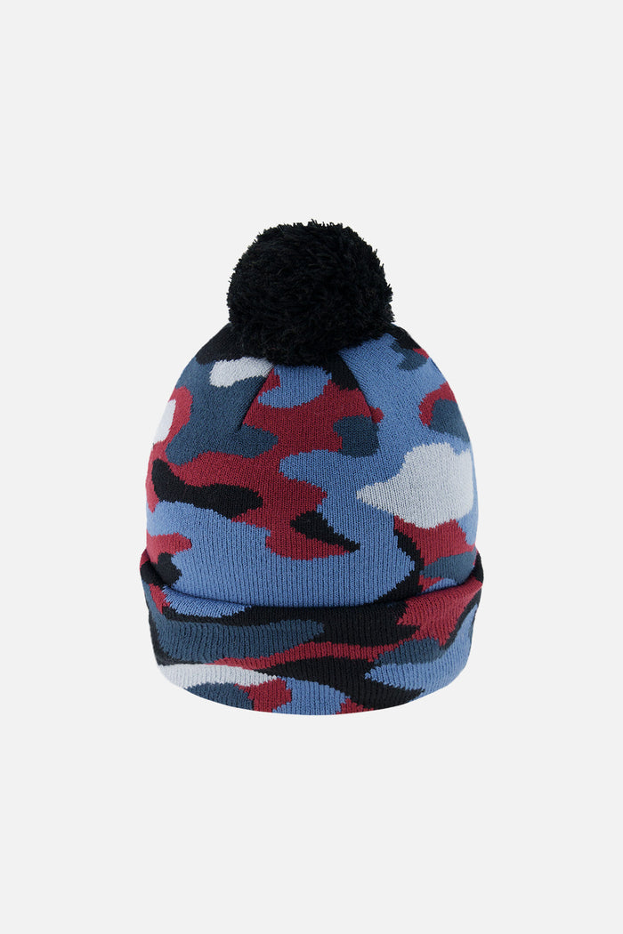 Winter Knit Hat With Pompom Blue And Red Camouflage-2