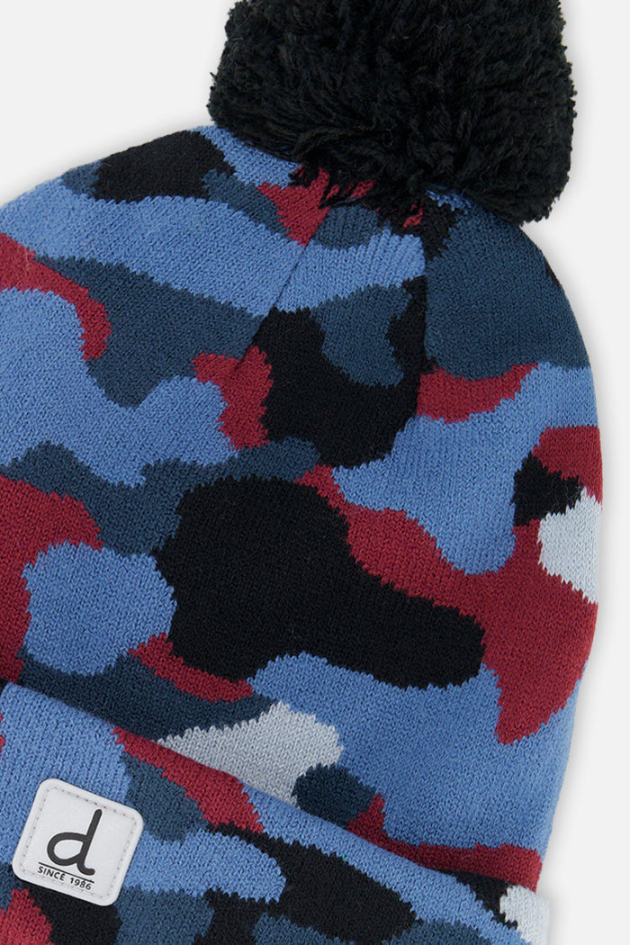 Winter Knit Hat With Pompom Blue And Red Camouflage-3