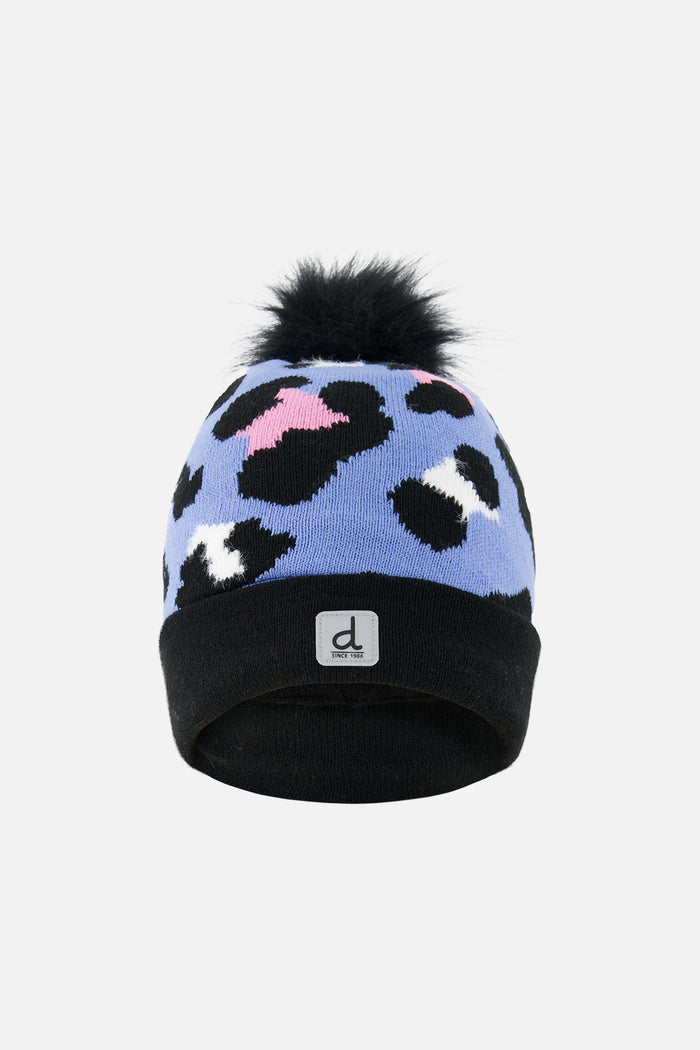 Winter Knit Hat With Pompom Blue Leopard Print-0