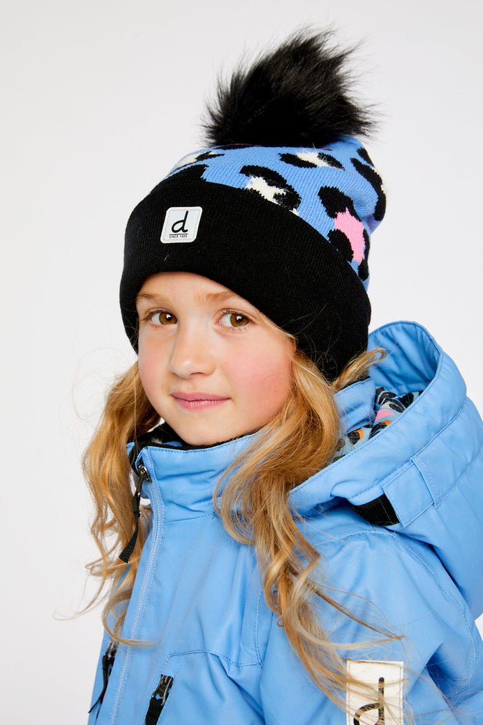 Winter Knit Hat With Pompom Blue Leopard Print-1