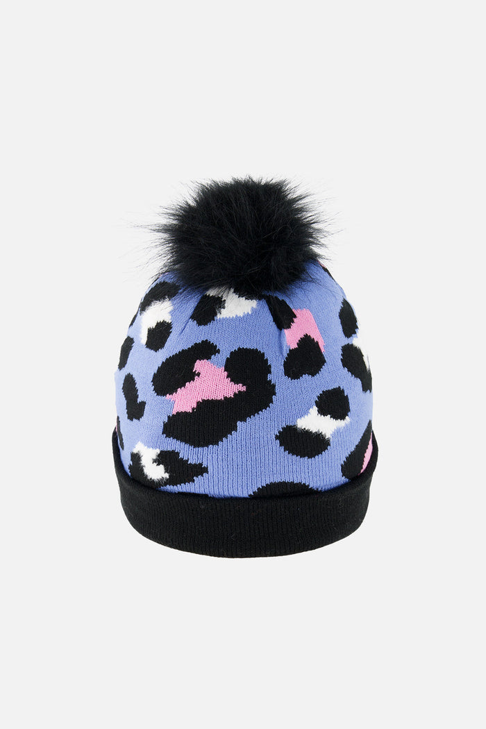 Winter Knit Hat With Pompom Blue Leopard Print-2