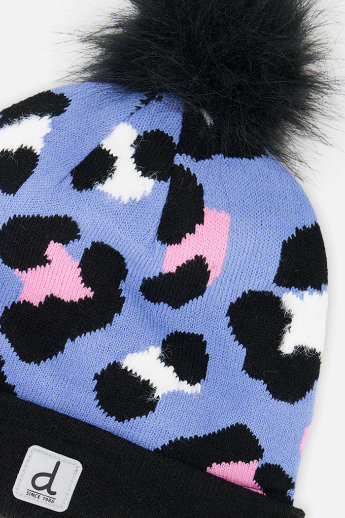 Winter Knit Hat With Pompom Blue Leopard Print-3