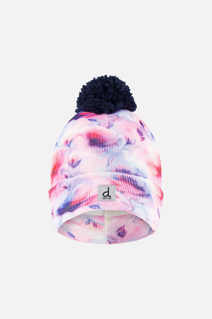 Winter Knit Hat With Pompom Mauve Printed Flowers-0