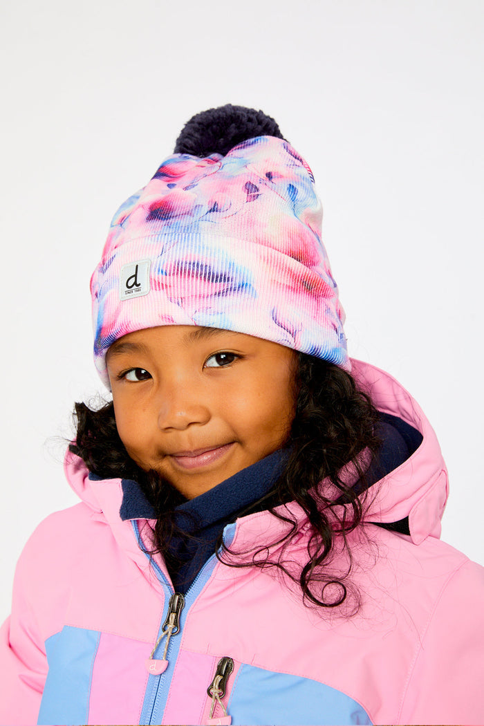 Winter Knit Hat With Pompom Mauve Printed Flowers-2