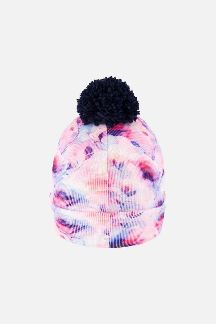 Winter Knit Hat With Pompom Mauve Printed Flowers-3