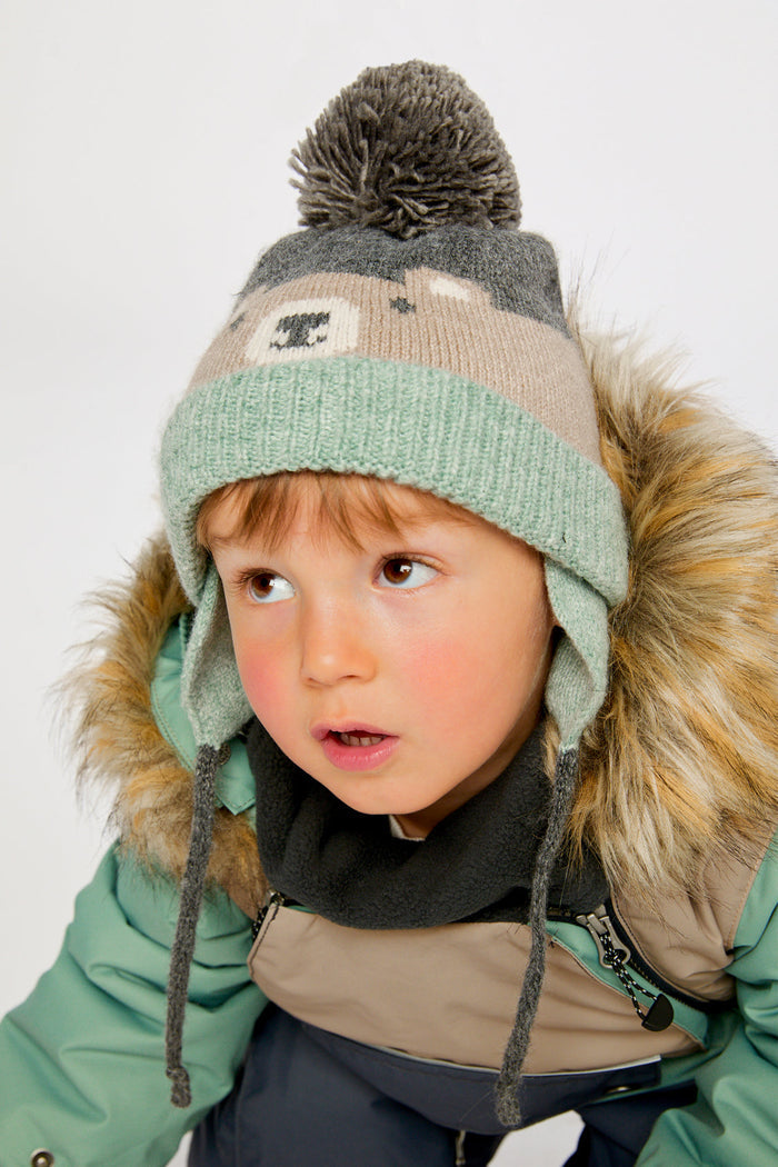 Winter Knit Hat With Teddy Bear Face And Ears Beige And Turquoise-1