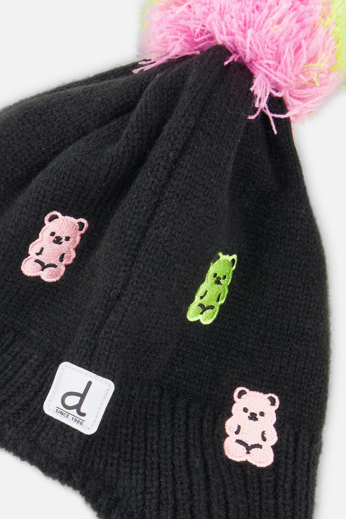 Winter Peruvian Knit Hat With Pompom Black, Pink, Blue And Green-4