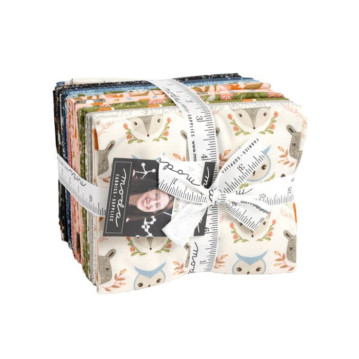 Woodland Wonder fat quarter bundle by Gingiber MOda Fabrics forest creatures owls bears foxes butterflies flowers soft greens cream blue moons stars black peach pink cotton quilt weight fabric quilting bags
