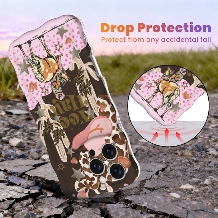 Trendy wavy iPhone case featuring a brown giraffe print, a pink cowboy hat, and an illustration of a cowgirl riding a horse with a high-gloss finish.