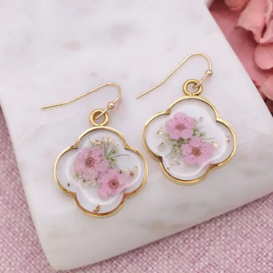 ZAD Pink Dried Flower Gold Clover Earrings